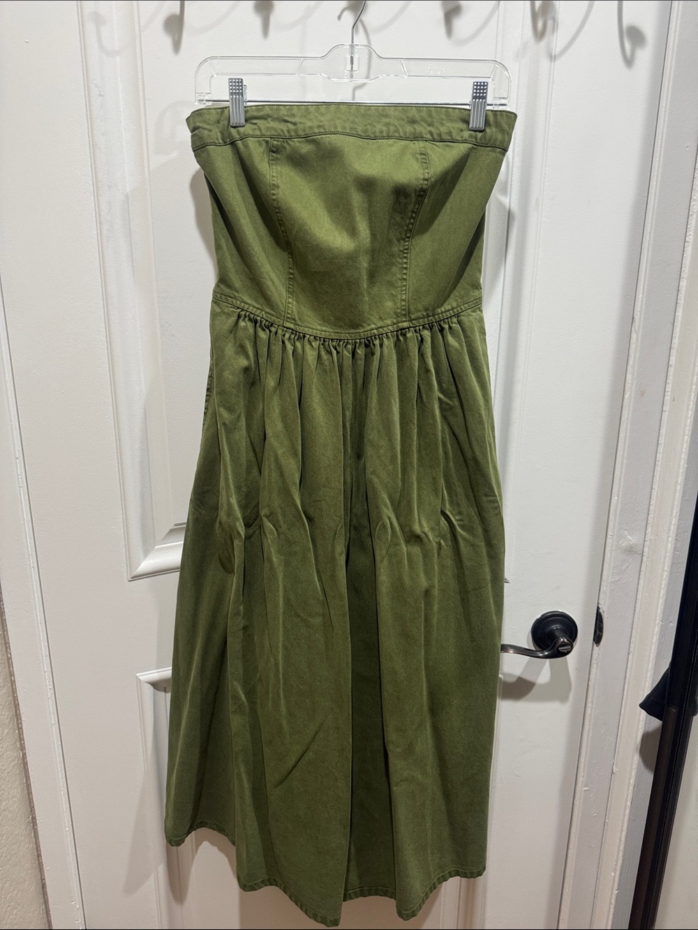 Strapless Olive Green Gathered Midi Dress